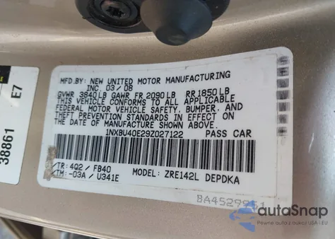 2009 Toyota Corolla Le from USA, damaged, VIN 1NXBU40E29Z027122